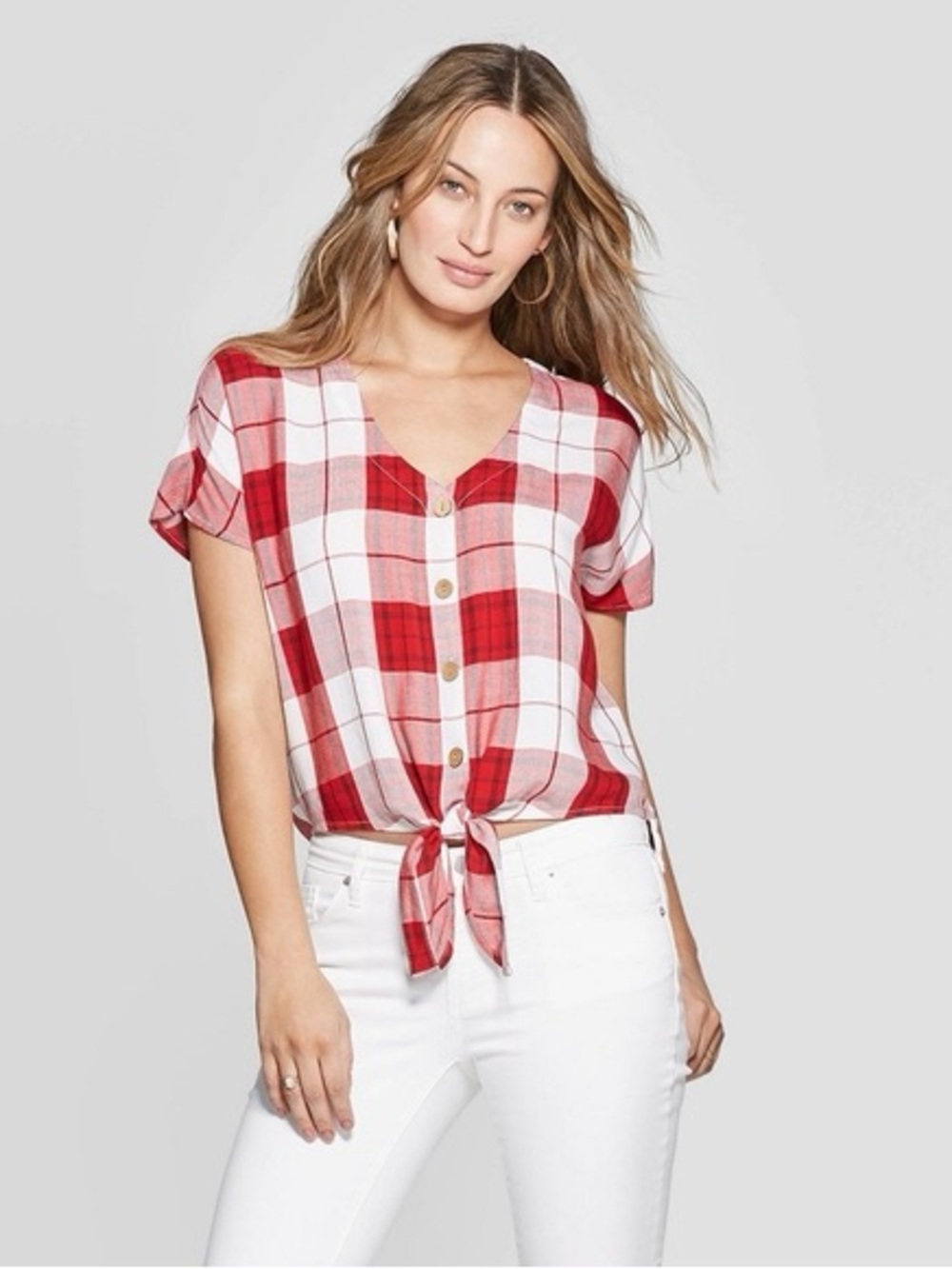 Universal Thread Red and White Plaid Button-Front Tie-Hem Top